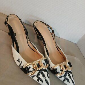 Sexy Beige and Black Slingback Shoes with Bold Gold Chain